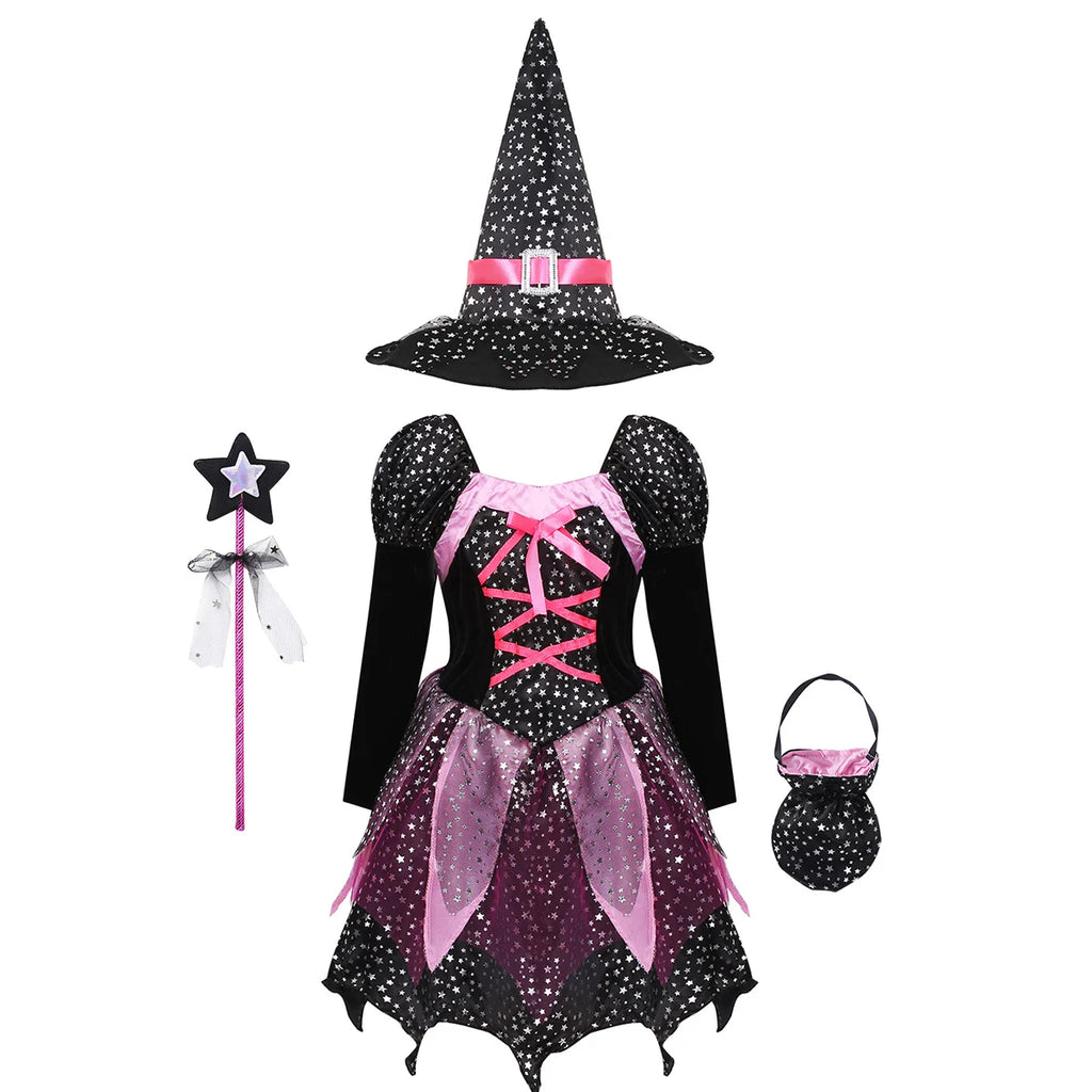 4 Pieces Witch Clothing Set Dress+Hat+Wand+Bag Girls Halloween Wizard Costume