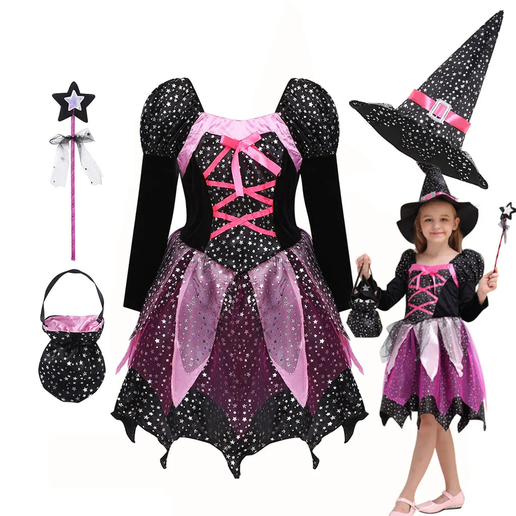 4 Pieces Witch Clothing Set Dress+Hat+Wand+Bag Girls Halloween Wizard Costume