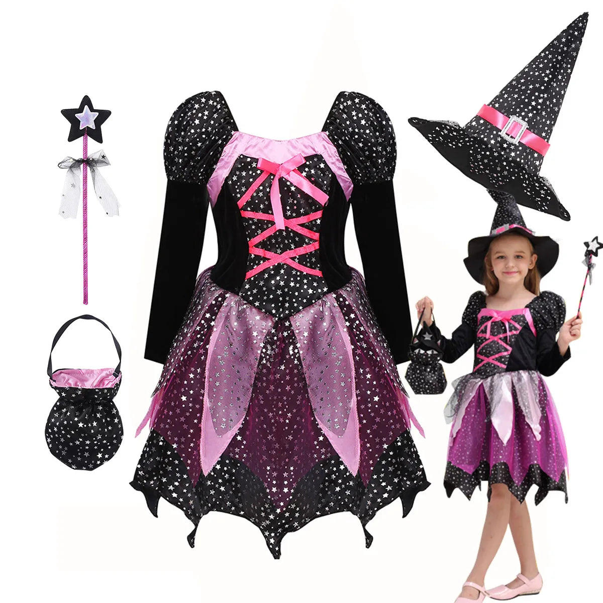 4 Pieces Witch Clothing Set Dress+Hat+Wand+Bag Girls Halloween Wizard Costume
