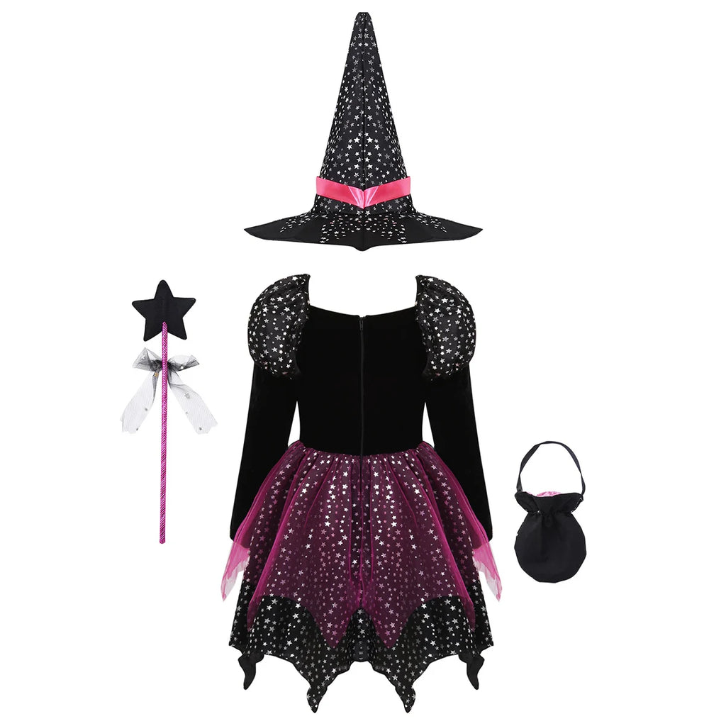 4 Pieces Witch Clothing Set Dress+Hat+Wand+Bag Girls Halloween Wizard Costume
