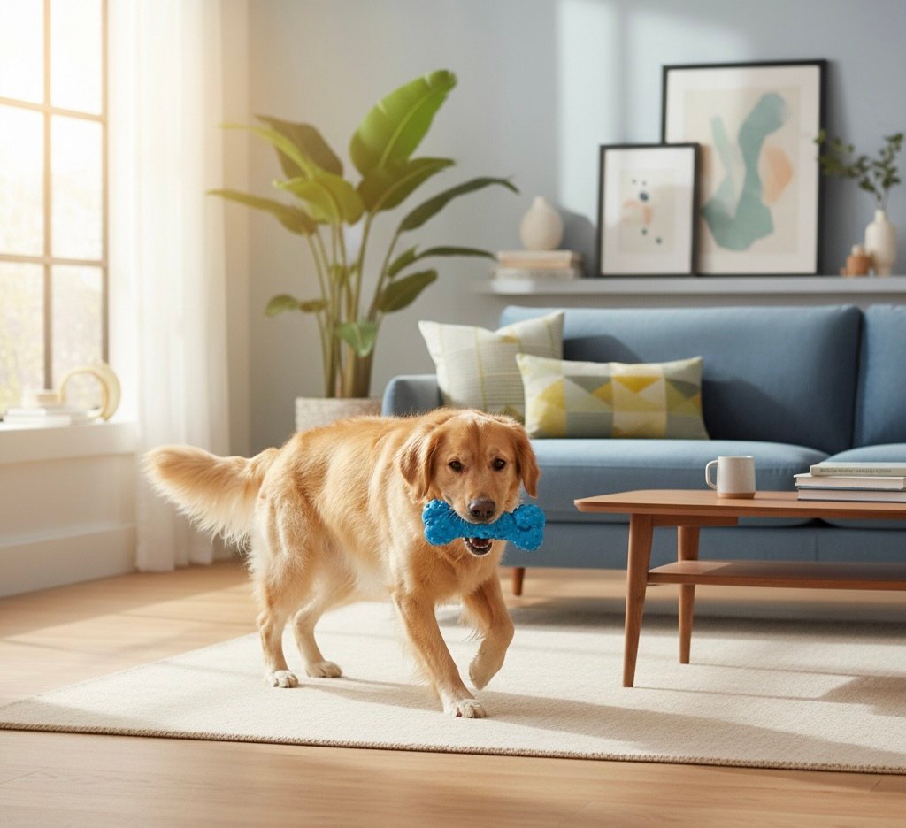 Golden Retriever excited about pet product delivery box with colorful toys