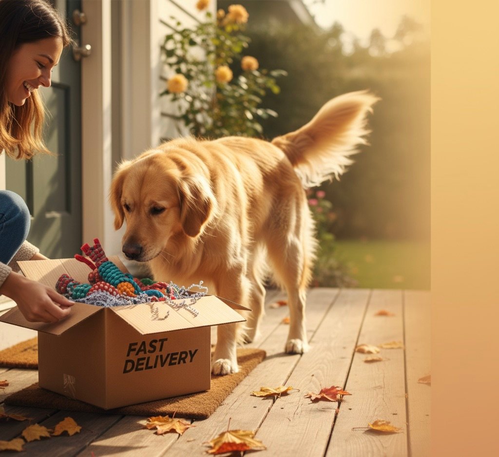 Happy Golden Retriever playing with safe blue chew toy in comfortable modern living room